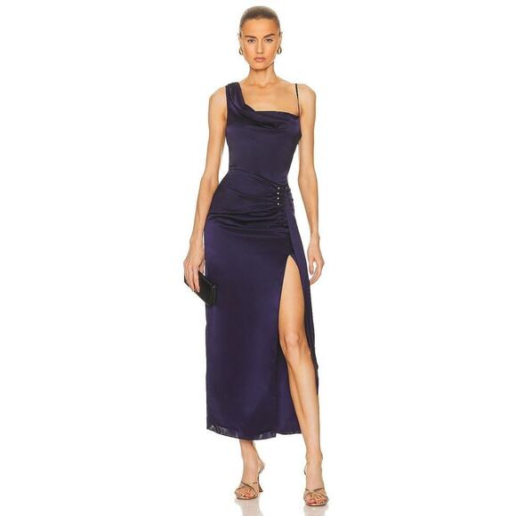 NIcholas Satin Senda Asymmetric Ruched Gown Midnight Blue Size 8 NWT - Picture 1 of 12